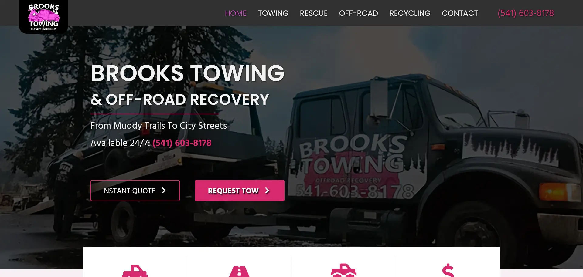 The website for Brooks Towing & Off-Road Recovery.